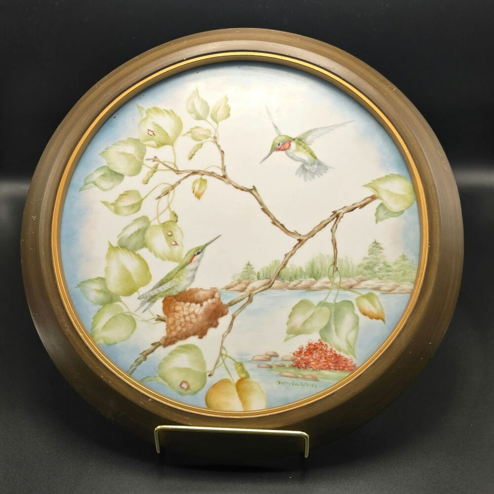 Vintage Betty Lou Weiss Handpainted On Porcelain framed Heavy bird scene